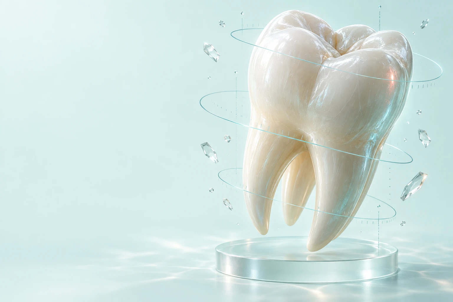 A sculptural tooth suspended in Arabi Dental’s aqua scientific world