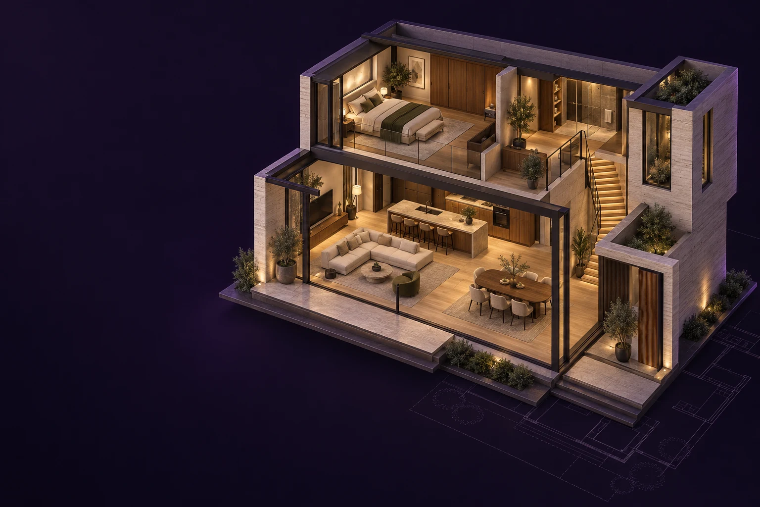 A warmly illuminated architectural home in DELTA’s violet world
