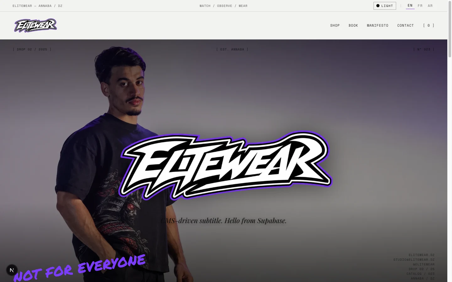 Supplied Elitewear website screenshot with the brand’s editorial storefront design
