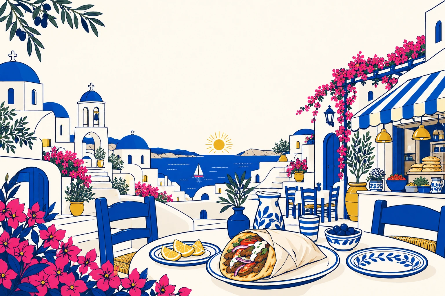 Une terrasse grecque illustrée dans l’univers bleu et rose de Gyraya