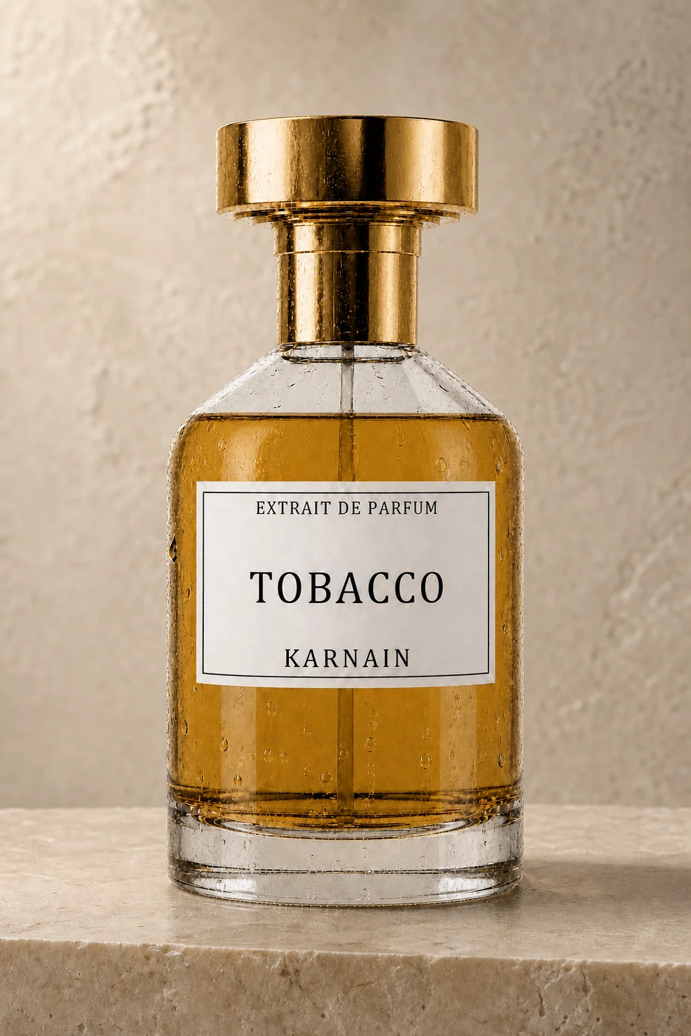 Détail du capuchon doré et des gouttes sur le flacon Tobacco