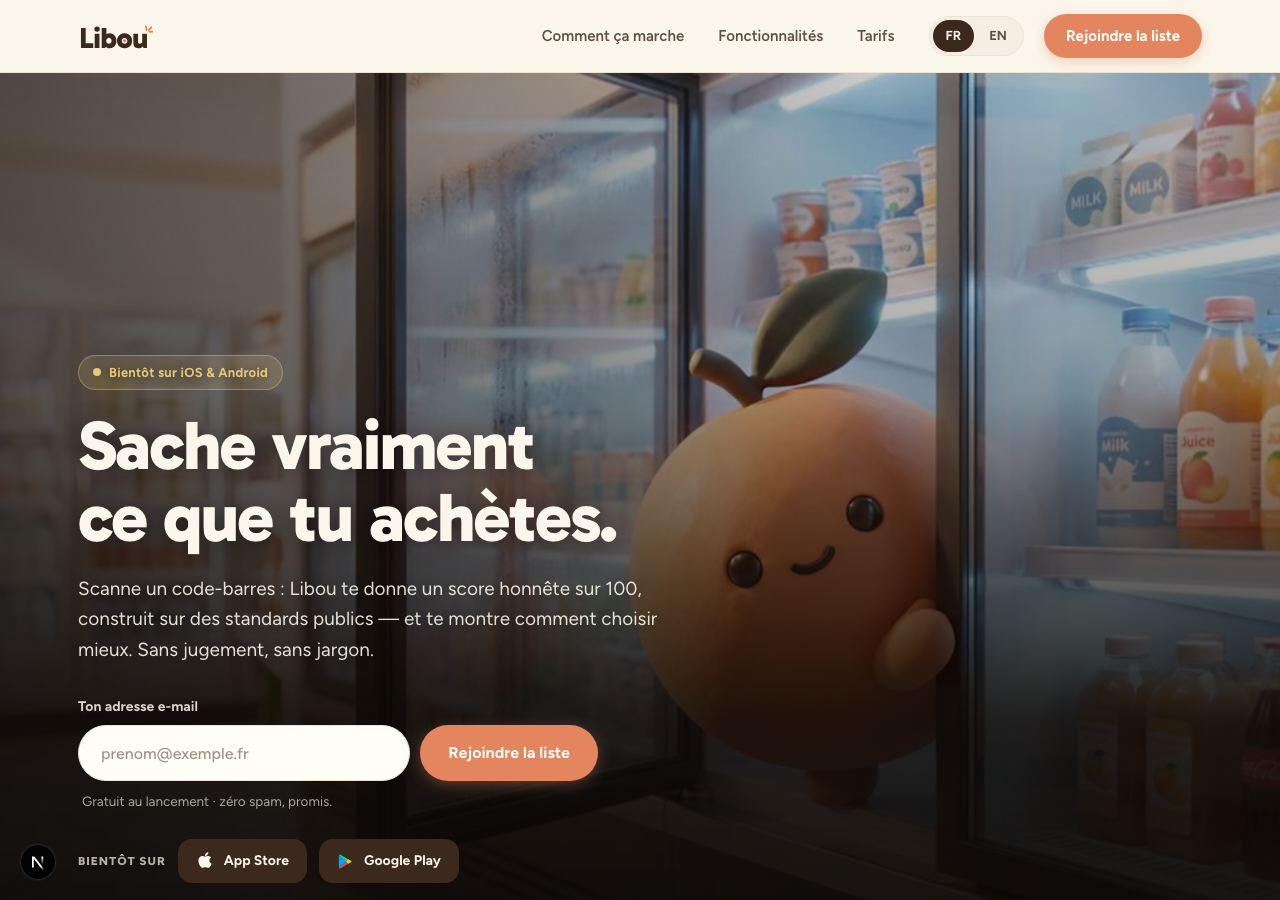 Existing Libou website showing Bou in a supermarket, with the headline Sache vraiment ce que tu achètes.
