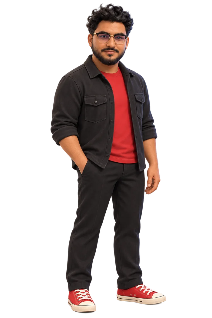 Achraf’s 3D character in a black overshirt, red T-shirt, and red sneakers