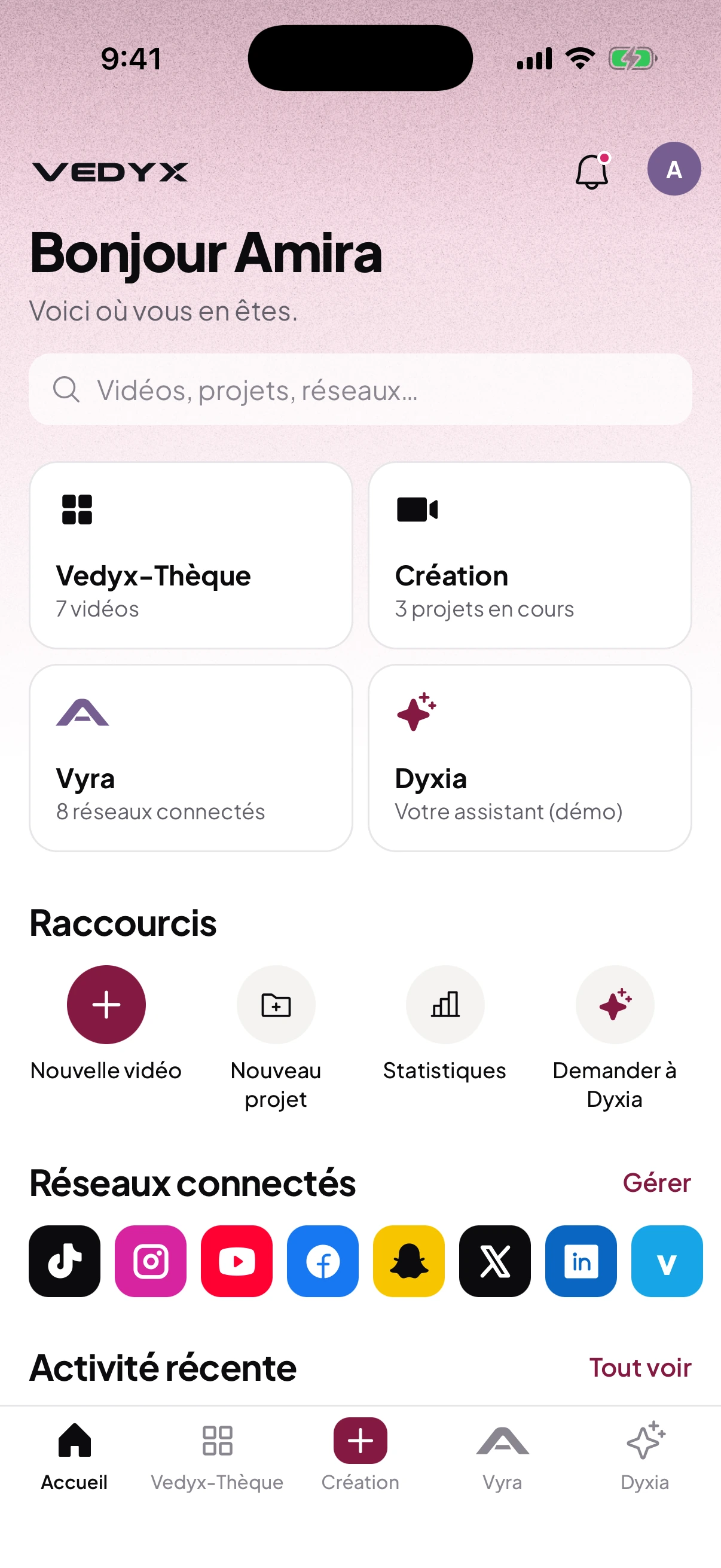 Capture iOS de VEDYX : Accueil