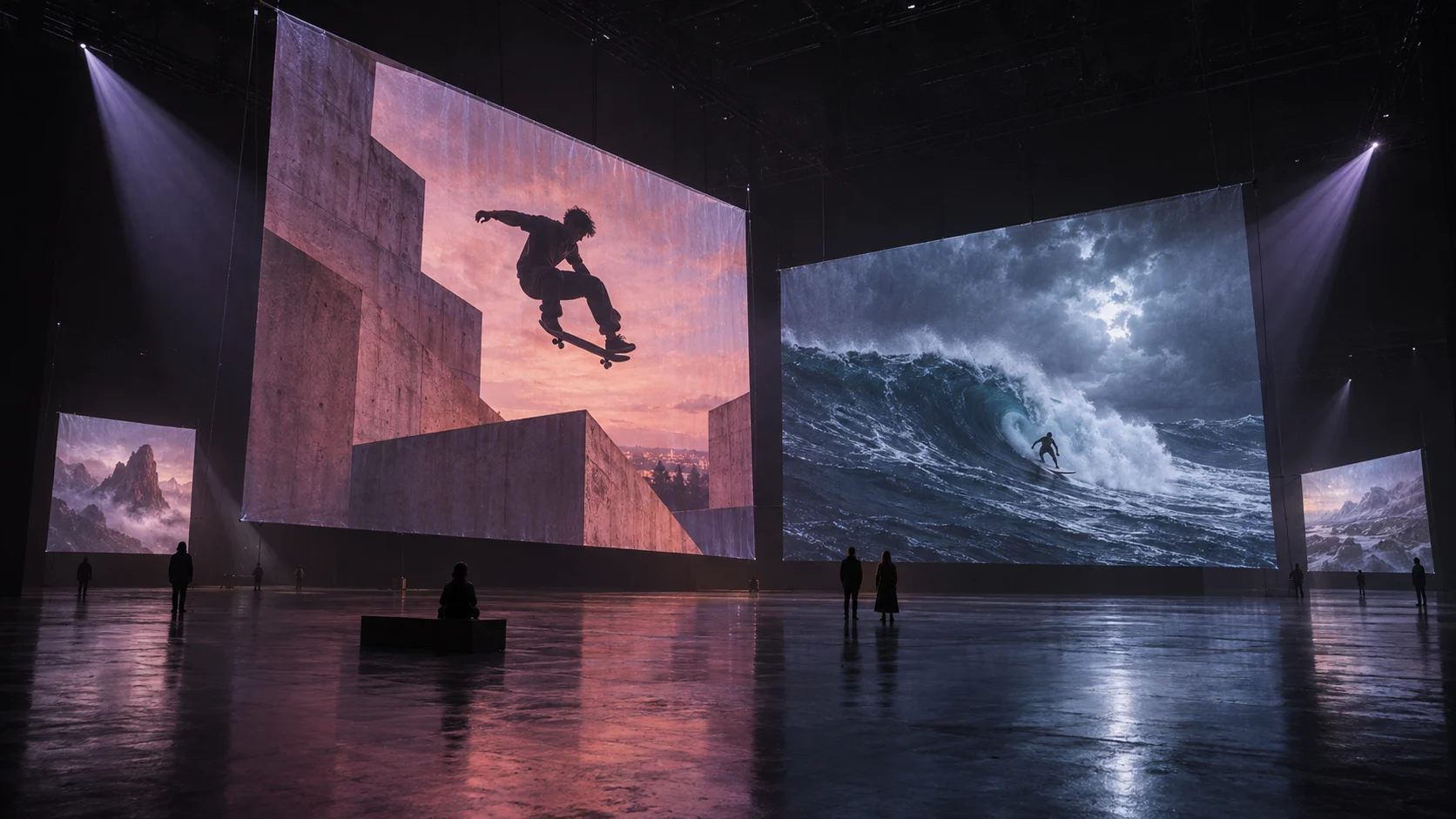 Galerie VYRA imaginée pour ce projet : des films projetés dans une grande salle violette